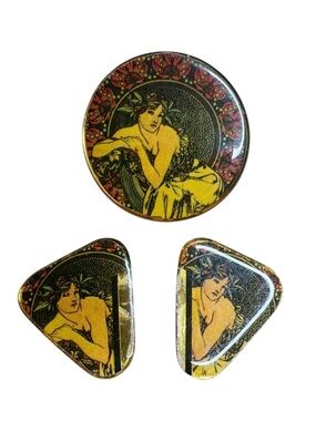 Art Nouveau Pin and Clip-On Earrings Set in Yellow, Black, Red Alphonso Mucha